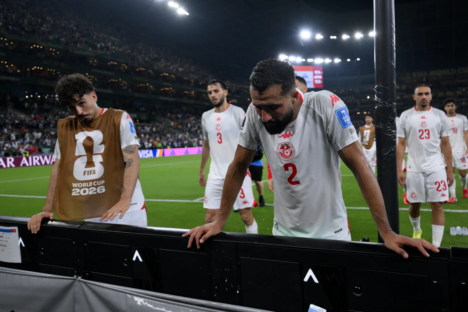 MONTERREY, MEXICO - JUNE 20: Ali Abdi #2 of Tunisia reacts after the 0-4 loss during the FIFA World Cup 2026 Group F match between Tunisia and Japan at Monterrey Stadium on June 20, 2026 in Monterrey, Mexico. (Photo by David Ramos/Getty Images)