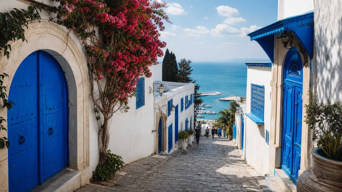 Ruelle blanche et bleue de Sidi Bou Saïd ouverte sur la mer Méditerranée